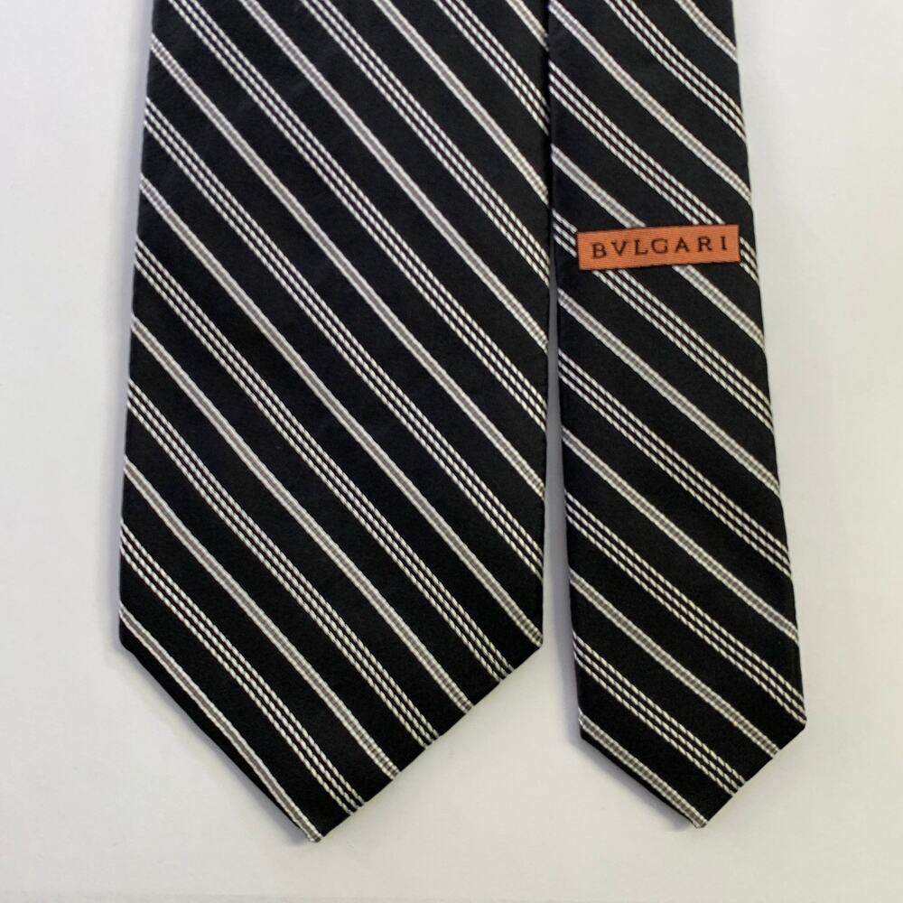 BVLGARI Black White Diagonal Stripe Silk Tie
